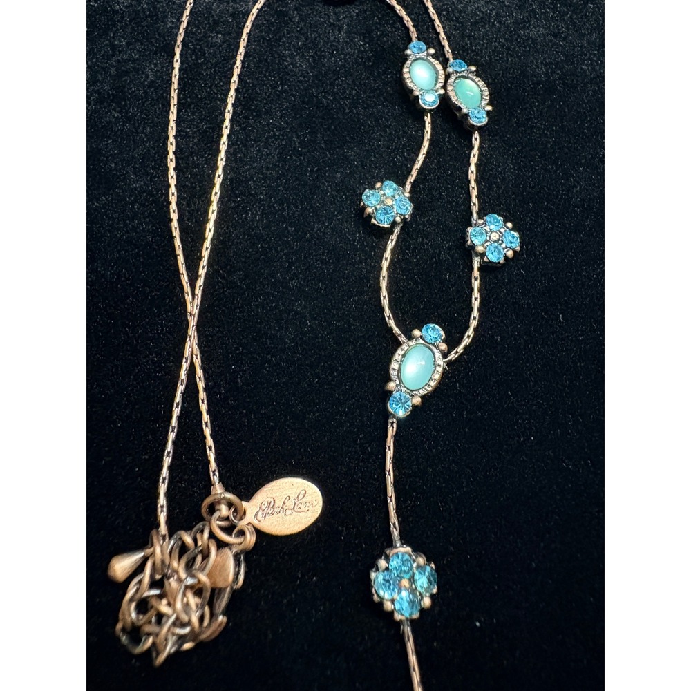 Park Lane Blue Rhinestone Turquoise Cabochon Y-Drop Necklace Copper Tone 16-19"